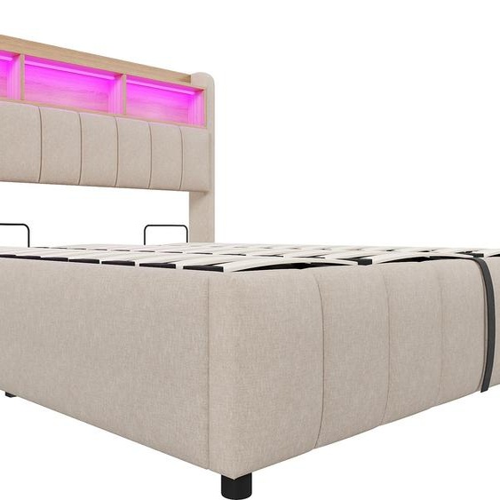 Lit rembourré Fortuna Lai 180*200 cm avec éclairage LED et prise USB, tête de lit avec étagères et espace de rangement, système hydraulique pour le rangement, lit double pour adultes, tissu en lin beige