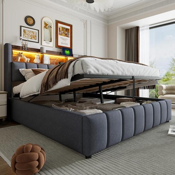 Lit rembourré Fortuna Lai 180*200 cm avec éclairage LED et prise USB, tête de lit avec étagères et espace de rangement, système hydraulique pour le rangement, lit double pour adultes, tissu en lin gris