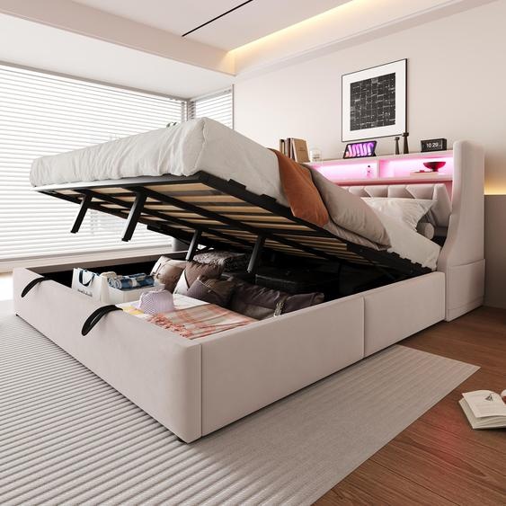 Lit rembourré Fortuna Lai 180 x 200 cm, lit coffre hydraulique, tête de lit rembourrée rabattable avec espace de rangement, prise électrique et compartiment de rangement, éclairage LED, pieds de lit élargis, tissu velours beige, ancienne référence