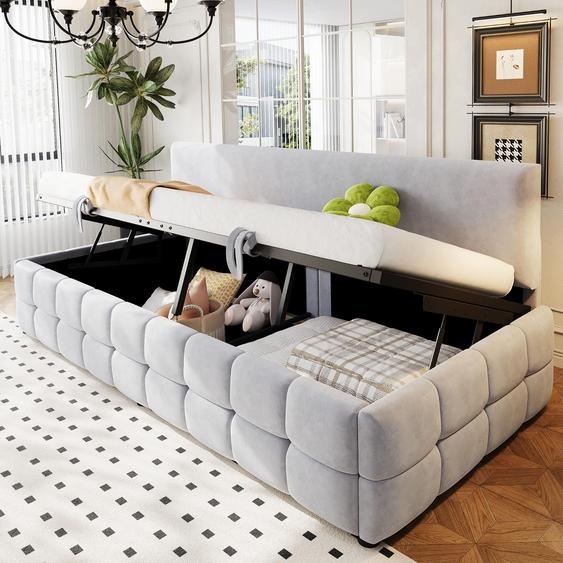 Lit rembourré Fortuna Lai Canapé-lit 90*200 cm, avec espace de rangement hydraulique, dossier sans accoudoirs, avec motif à carreaux classique et distinctif sur le bord inférieur. Lit simple multifonctionnel, tissu velours gris clair