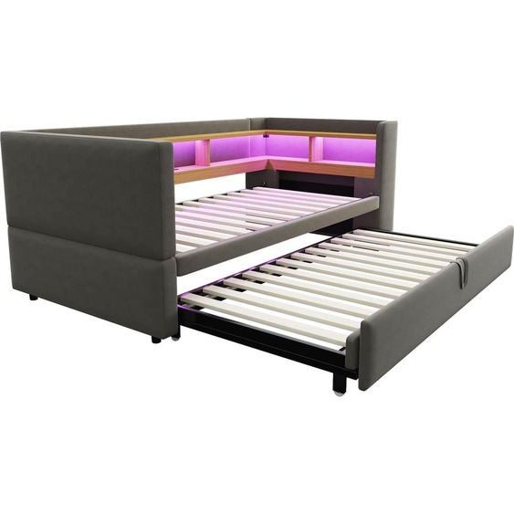 Lit rembourré Fortuna Lai Canapé-lit convertible 90/180*190 cm, équipé de lampes LED, de prises électriques et de nombreux compartiments de rangement, lit rembourré, canapé-lit multifonctionnel, lit simple, gris foncé.