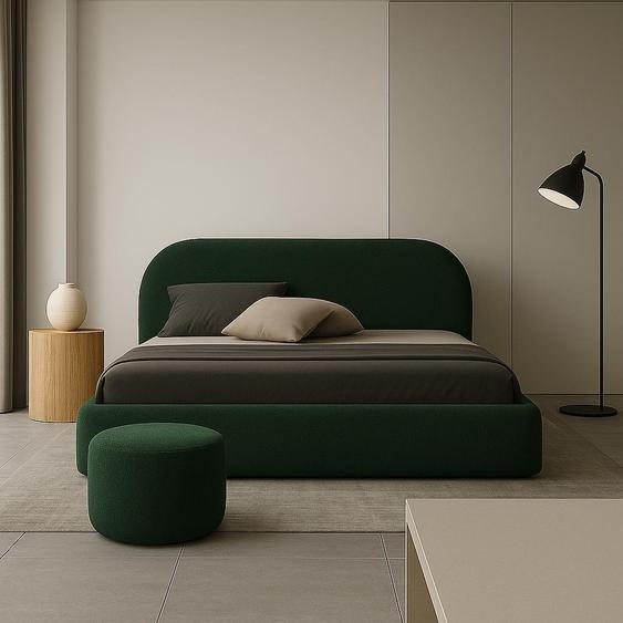 Lit rembourré GUTTO sur mesure MOON vert foncé 140x200 sommier à lattes en bois tissu boucle teddy de haute qualité lit sans sommier ni rangement