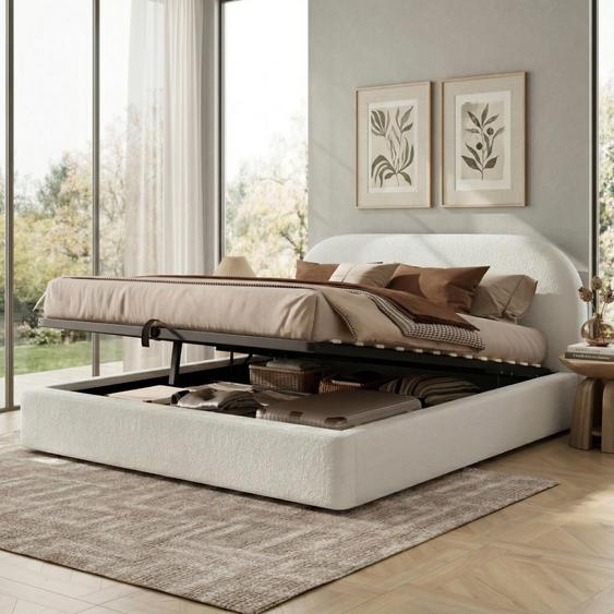 Lit rembourré hydraulique Flieks 160 x 200 cm avec sommier à lattes, lit double avec coffre de rangement, lit classique Bouclé, beige
