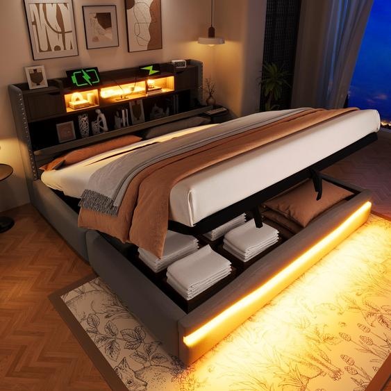 Lit rembourré hydraulique Flieks 180 x 200 cm avec fonction de rangement, lit à sommier tapissier avec espace de rangement, lit double pour adolescent avec revêtement en cuir, lit avec espace de rangement en lin, gris