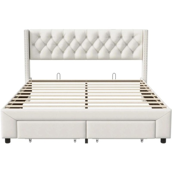 Lit rembourré - Lit double 140 × 190 cm - Revêtement en velours - Structure en bois - Avec espace de rangement - Design scandinave - À monter soi-même