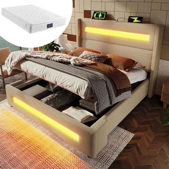 Lit rembourré Lit double 140x200 cm, Lit de rangement avec espace de rangement hydraulique et recharge USB Type-C, Beige, Lin, Avec matelas.
