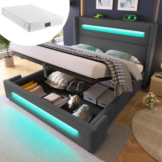 Lit rembourré Lit double 160x200 cm, Lit de rangement avec espace de rangement hydraulique et recharge USB Type-C, Gris, Lin, Avec matelas.