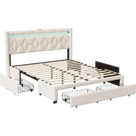 Lit Rembourré Lit Double 160x200cm Avec 4 Tiroirs Et LED, USB, Cadre De Lit, Lin Beige