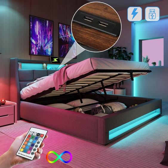 Lit rembourré, lit double 180 x 200 cm, avec port USB, éclairage LED, sommier à lattes en métal et housse en lin, sans matelas