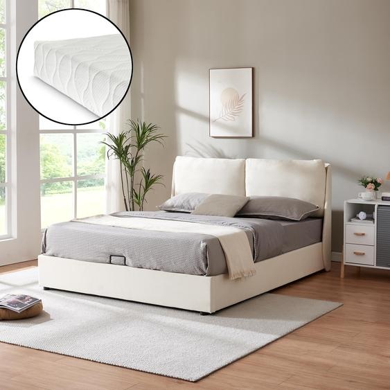 Lit rembourré Lunner lit double avec matelas et coffre de lit 160 x 200 cm Beige