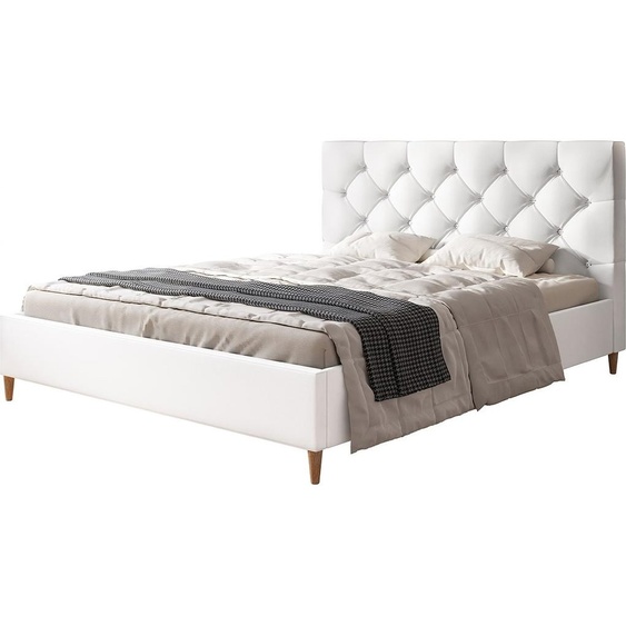 Lit rembourré LUX BOSTON avec tête de lit, 120 x 200 cm, lit double avec sommier à lattes en bois, similicuir blanc, pieds en couleur : marron