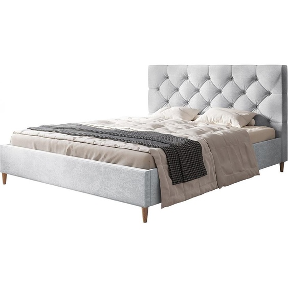 Lit rembourré LUX BOSTON avec tête de lit, 120 x 200 cm, lit double avec sommier à lattes en bois, tissu velours gris clair, pieds en couleur : marron
