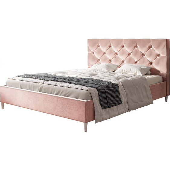 Lit rembourré LUX BOSTON avec tête de lit, 140 x 200 cm, lit double avec sommier à lattes en bois, tissu velours rose, pieds en couleur : blanc