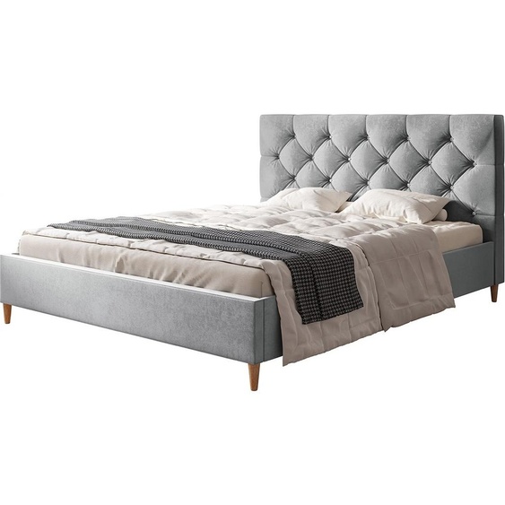 Lit rembourré LUX BOSTON avec tête de lit, 160 x 200 cm, lit double avec sommier à lattes en bois, tissu velours gris clair, pieds en couleur : marron