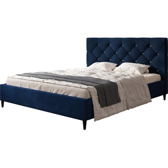 Lit rembourré LUX BOSTON avec tête de lit, 180 x 200 cm, lit double avec sommier à lattes en bois, tissu velours bleu foncé, pieds en couleur : noir
