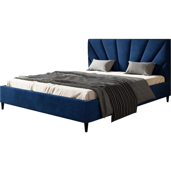 Lit rembourré LUX DENVER avec tête de lit, 140 x 200 cm, lit double avec sommier à lattes en bois, tissu velours bleu, pieds en couleur : noir