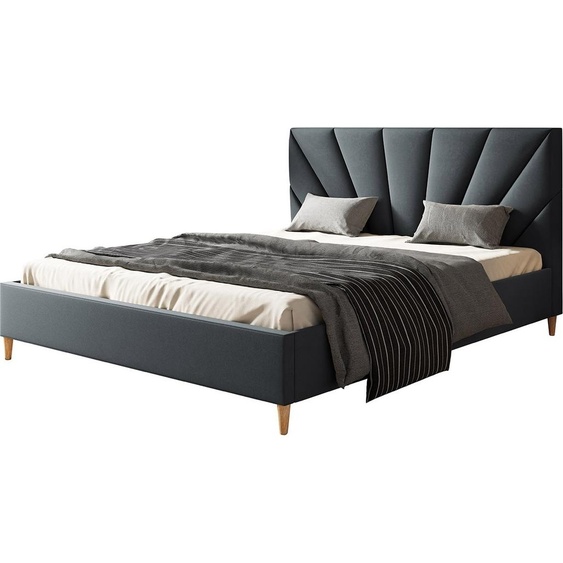 Lit rembourré LUX DENVER avec tête de lit, 140 x 200 cm, lit double avec sommier à lattes en bois, tissu velours gris foncé, pieds en couleur : marron