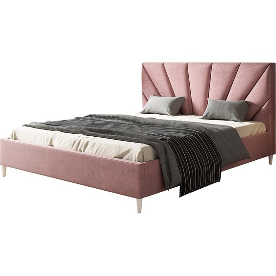 Lit rembourré LUX DENVER avec tête de lit, 160 x 200 cm, lit double avec sommier à lattes en bois, tissu velours rose, pieds en couleur : blanc