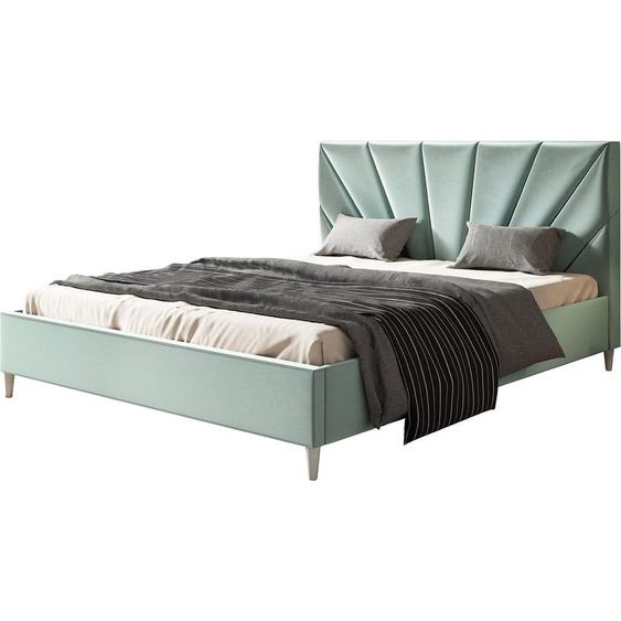 Lit rembourré LUX DENVER avec tête de lit, 160 x 200 cm, lit double avec sommier à lattes en bois, tissu velours vert clair, pieds en couleur : blanc