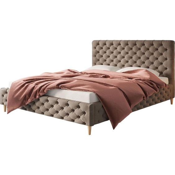 Lit rembourré LUX MIAMI avec tête de lit, 140 x 200 cm, lit double avec sommier à lattes en bois, tissu velours marron, pieds en couleur : marron