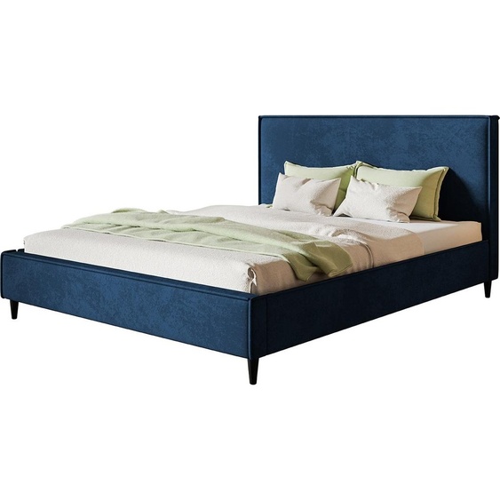Lit rembourré LUX RICO avec tête de lit, 120 x 200 cm, lit double avec sommier à lattes en bois, tissu velours bleu, pieds en couleur : noir
