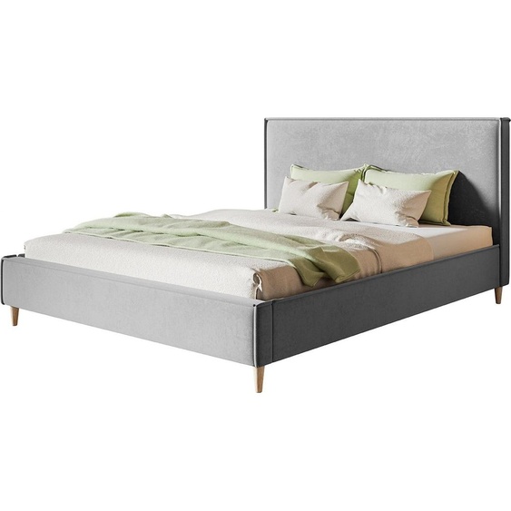 Lit rembourré LUX RICO avec tête de lit, 140 x 200 cm, lit double avec sommier à lattes en bois, tissu velours gris clair, pieds en couleur : marron