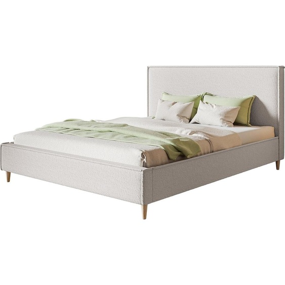 Lit rembourré LUX RICO avec tête de lit, 160 x 200 cm, lit double avec sommier à lattes en bois, tissu Boucle blanc, pieds en couleur : marron