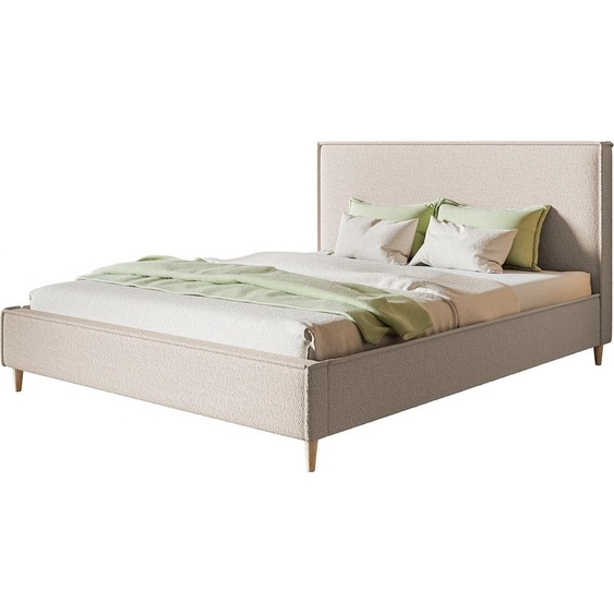 Lit rembourré LUX RICO avec tête de lit, 180 x 200 cm, lit double avec sommier à lattes en bois, tissu Boucle Beige, pieds en couleur : Marron