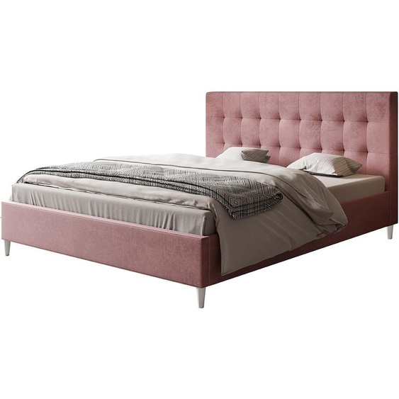 Lit rembourré LUX RIO avec tête de lit, 160 x 200 cm, lit double avec sommier à lattes en bois, tissu velours rose, pieds en couleur : blanc