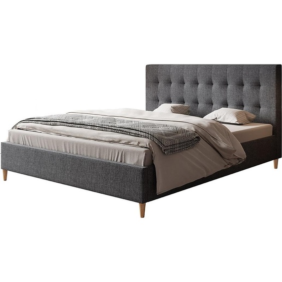 Lit rembourré LUX RIO avec tête de lit, 180 x 200 cm, lit double avec sommier à lattes en bois, tissu structuré gris foncé, pieds en couleur : marron