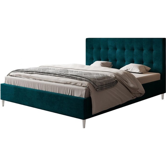 Lit rembourré LUX RIO avec tête de lit, 180 x 200 cm, lit double avec sommier à lattes en bois, tissu velours vert foncé, pieds en couleur : blanc