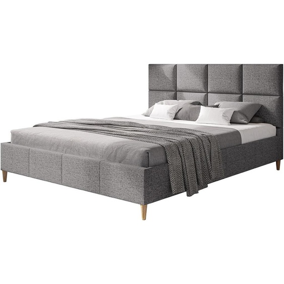 Lit rembourré LUX ROMA avec tête de lit, 140 x 200 cm, lit double avec sommier à lattes en bois, tissu structuré gris, pieds en couleur : marron
