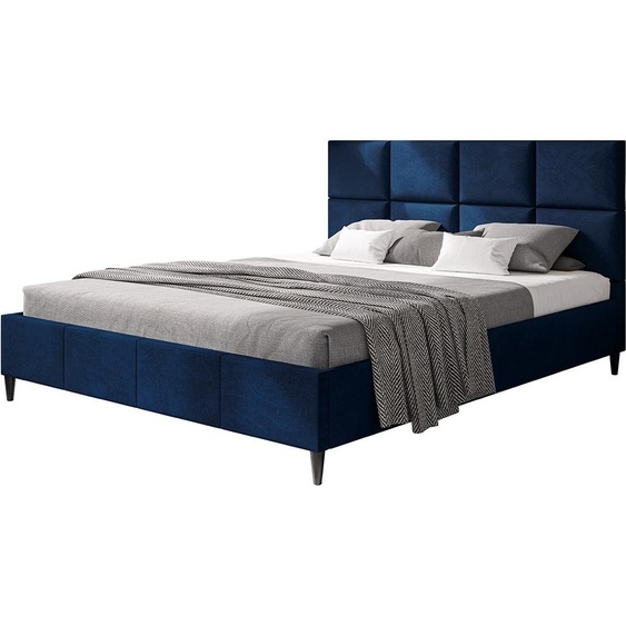 Lit rembourré LUX ROMA avec tête de lit, 160 x 200 cm, lit double avec sommier à lattes en bois, tissu velours bleu foncé, pieds en couleur : noir