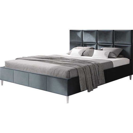 Lit rembourré LUX ROMA avec tête de lit, 180 x 200 cm, lit double avec sommier à lattes en bois, tissu velours gris foncé, pieds en couleur : blanc