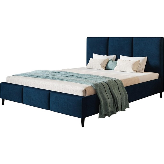 Lit rembourré LUX SIENA avec tête de lit, 120 x 200 cm, lit double avec sommier à lattes en bois, tissu velours bleu foncé, pieds en couleur : noir