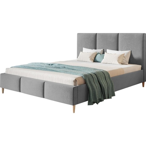 Lit rembourré LUX SIENA avec tête de lit, 140 x 200 cm, lit double avec sommier à lattes en bois, tissu velours gris, pieds en couleur : marron