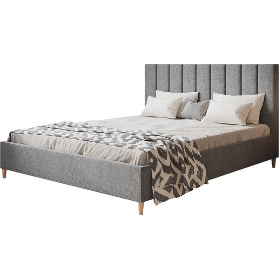 Lit rembourré LUX TOKIO avec tête de lit, 120 x 200 cm, lit double avec sommier à lattes en bois, tissu structuré gris, pieds en couleur : marron