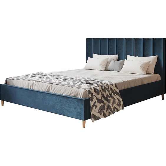 Lit rembourré LUX TOKIO avec tête de lit, 140 x 200 cm, lit double avec sommier à lattes en bois, tissu velours bleu foncé, pieds en couleur : marron