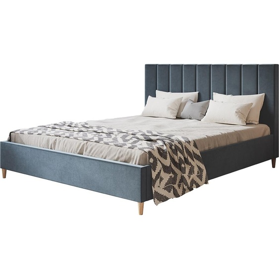 Lit rembourré LUX TOKIO avec tête de lit, 140 x 200 cm, lit double avec sommier à lattes en bois, tissu velours bleu, pieds en couleur : marron
