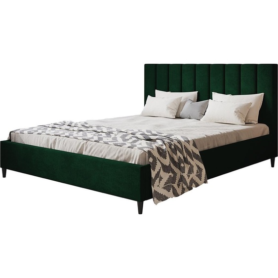 Lit rembourré LUX TOKIO avec tête de lit, 160 x 200 cm, lit double avec sommier à lattes en bois, tissu velours vert foncé, pieds en couleur : noir