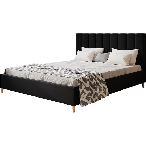 Lit rembourré LUX TOKIO avec tête de lit, 180 x 200 cm, lit double avec sommier à lattes en bois, tissu velours noir, pieds en couleur : marron