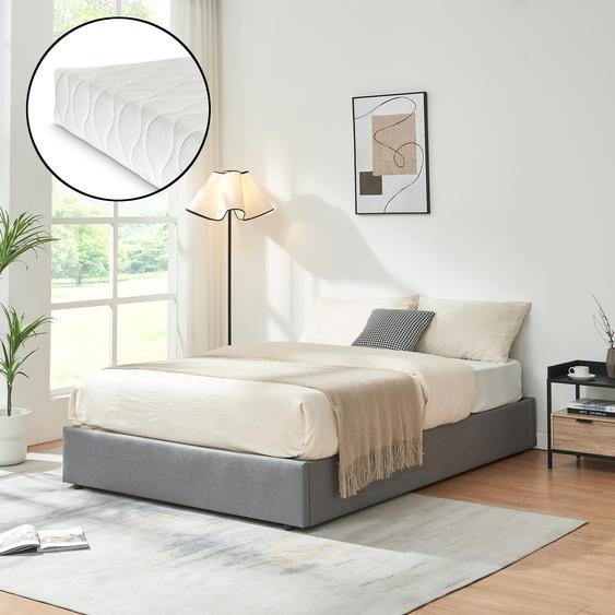 Lit rembourré Nola avec matelas et coffre de lit 140 x 200 cm Lin gris