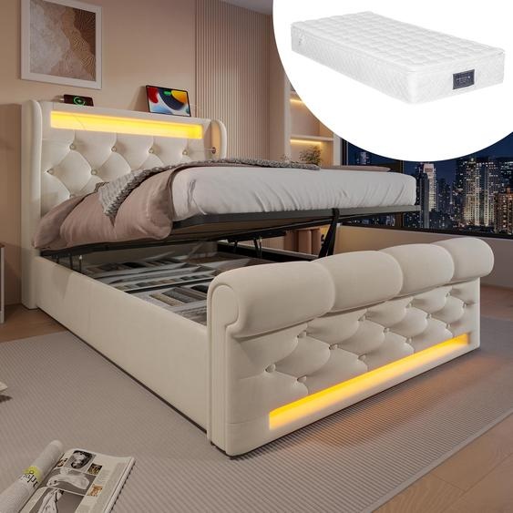 Lit rembourré simple 90x200cm, Lit rembourré avec lampes LED, Tête de lit à rangement, Lit à rangement hydraulique, Beige,(avec matelas)