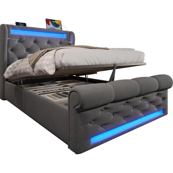 Lit rembourré simple 90x200cm, Lit rembourré avec lampes LED, Tête de lit de rangement, Lit de rangement hydraulique, Gris,(avec matelas)