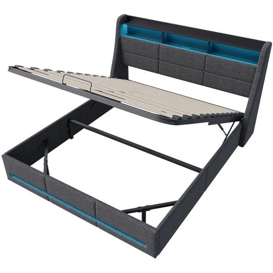 Lit rembourré - Sommier 140 x 190 cm - Tête de lit avec rangement, prises électriques et éclairage LED - Coffre de rangement àhydraulique - Structure en bois - Revêtement en tissu
