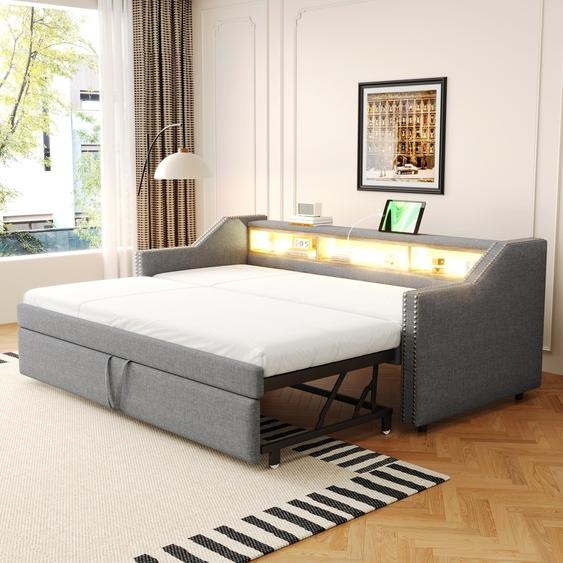Lit rembourré Sweiko Canapé-lit extensible 90/180 x 190 cm, Compartiment de rangement multifonctionnel, Lumière LED et prise USB, avec sommier à lattes, Gris clair