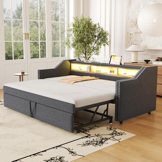 Lit rembourré Sweiko Canapé-lit extensible 90/180 x 190 cm, Compartiment de rangement multifonctionnel, Lumière LED et prise USB, avec sommier à lattes, Gris foncé