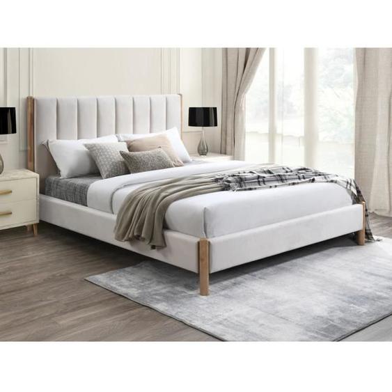 Lit scandinave SIZAMA - Velours - Ivoire - 140x190 cm - Bois