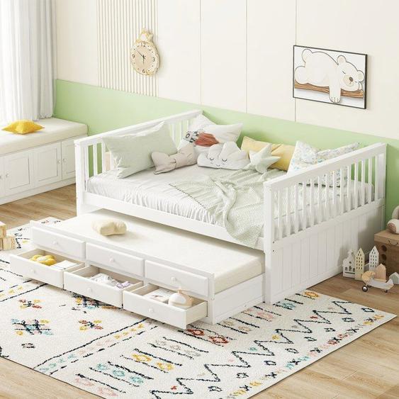 Lit double 140x200 cm Lit en bois massif avec lit escamotable et 3 tiroirs - blanc