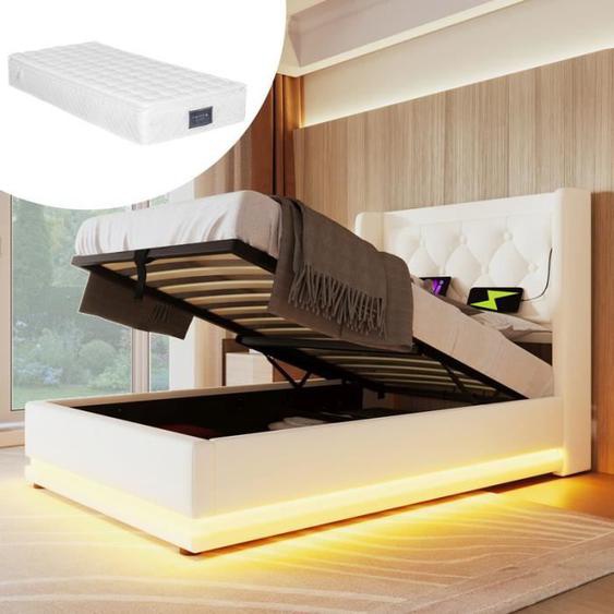 Lit Coffre Simple 90x200cm - OEM - Avec Chargement USB Type-C - Fonction LED 3 Côtés - Matériau PU Blanc